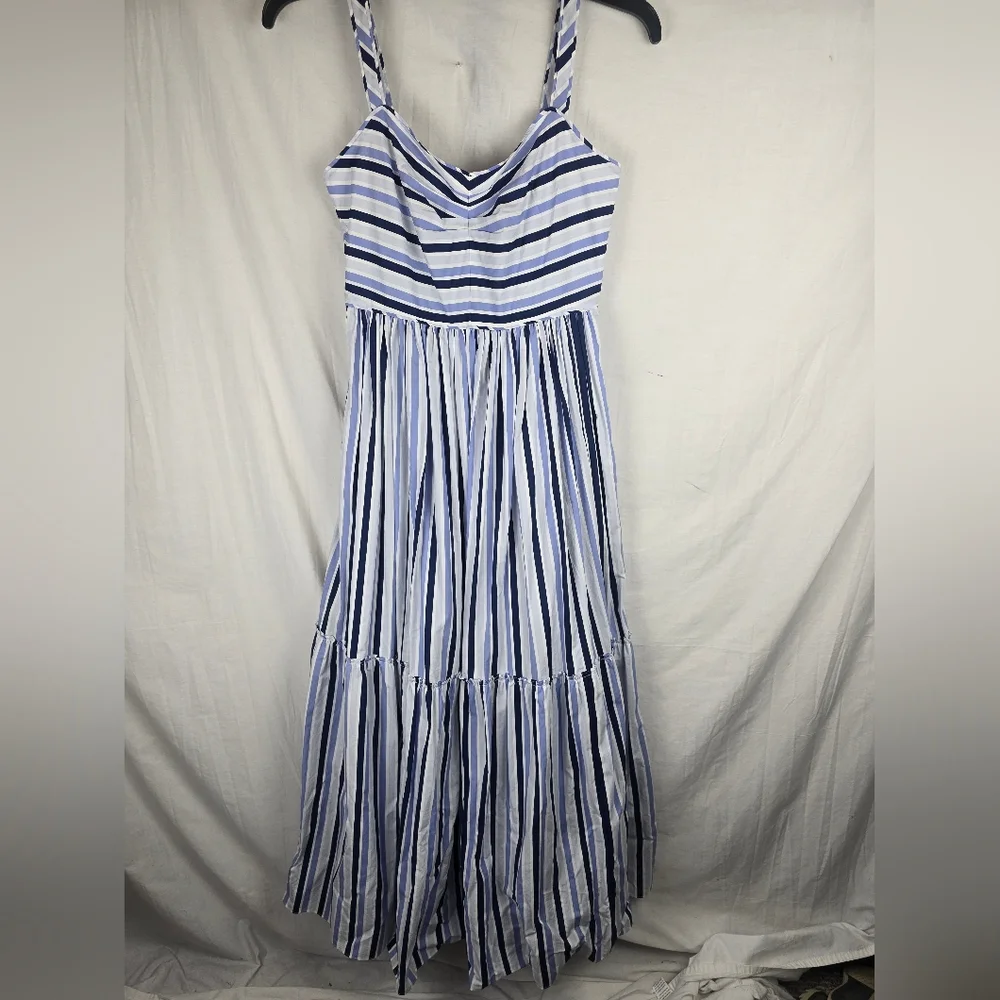 J.Crew Shirting Striped Tiered Multi Blue and White Cotton Maxi Dress Sz 4 Tall - Picture 2 of 12